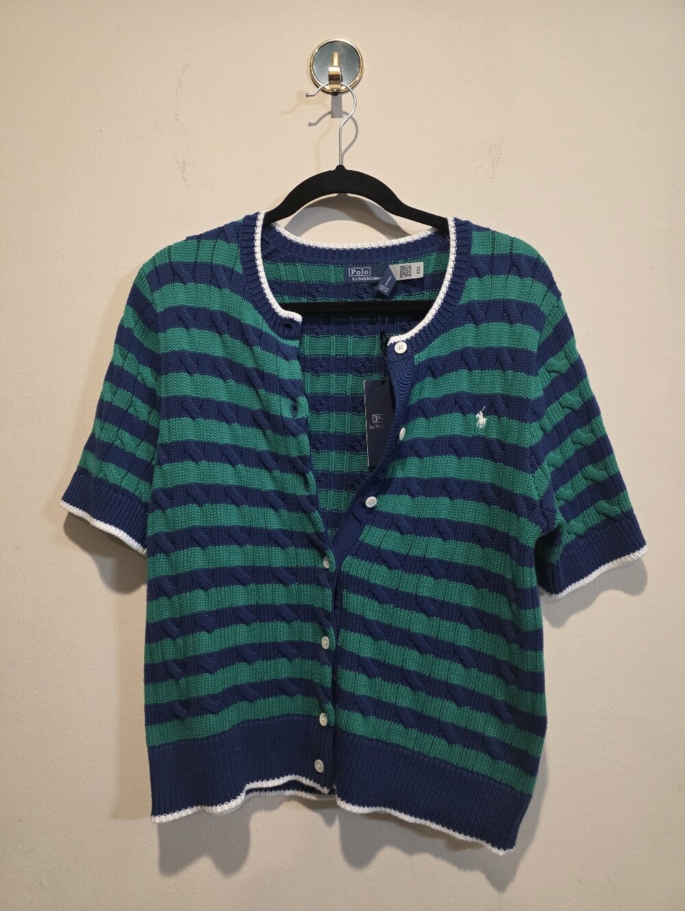 NWT Polo Ralph Lauren Blue Green Striped Cable Knit Short Sleeve Cardigan Large